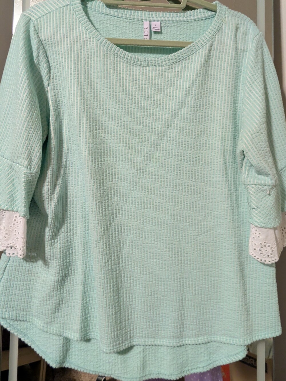 Elle Mint Green Waffle Knit Top with White Eyelet Cuffs